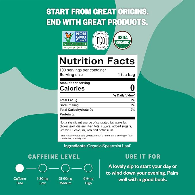 FGO Organic Spearmint Leaf Tea, 100 Count, Eco-Conscious Tea Bags, Caffeine Free, Resealable Bag, Packaging May Vary (Pack of 1)