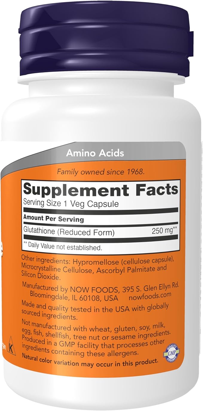 NOW Foods Supplements, Glutathione 250 mg, Detoxification Support*, Free Radical Neutralizer*, 60 Veg Capsules