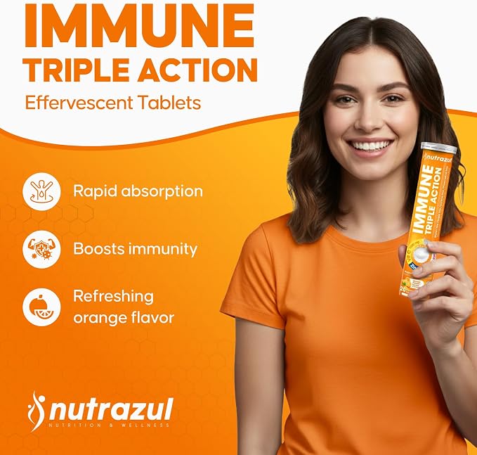 nutrazul Immune Triple Action Effervescent Tablets with Vitamin C 1000mg, Vitamin D, Zinc, Support Daily Routine, Gluten-Free, Sugar-Free, Lactose-Free, Orange Flavor, 20 Tablets (Pack of 5x20)