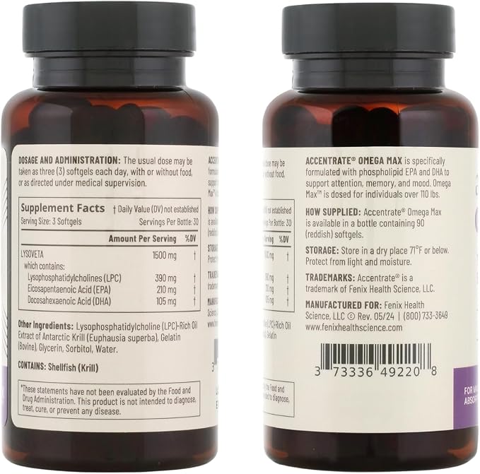 Omega Max w/LYSOVETA LPC | EPA & DHA Supplements for Brain & Retina Health | Focus, Attention, Memory, Mood & Vision | 6X Higher Absorption Than Fish Oil | High Potency Omega-3 LPC-DHA
