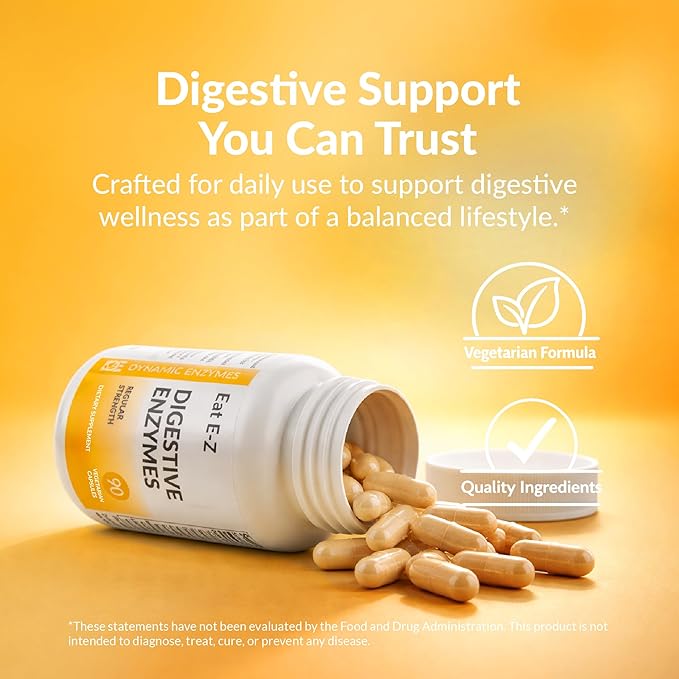 Eat E-Z Digestive Enzymes – Broad-Spectrum Enzyme Blend for Proteins, Carbohydrates, Fats, Dairy & Fiber – Supports Digestive Comfort & Occasional Bloating – 90 Capsules