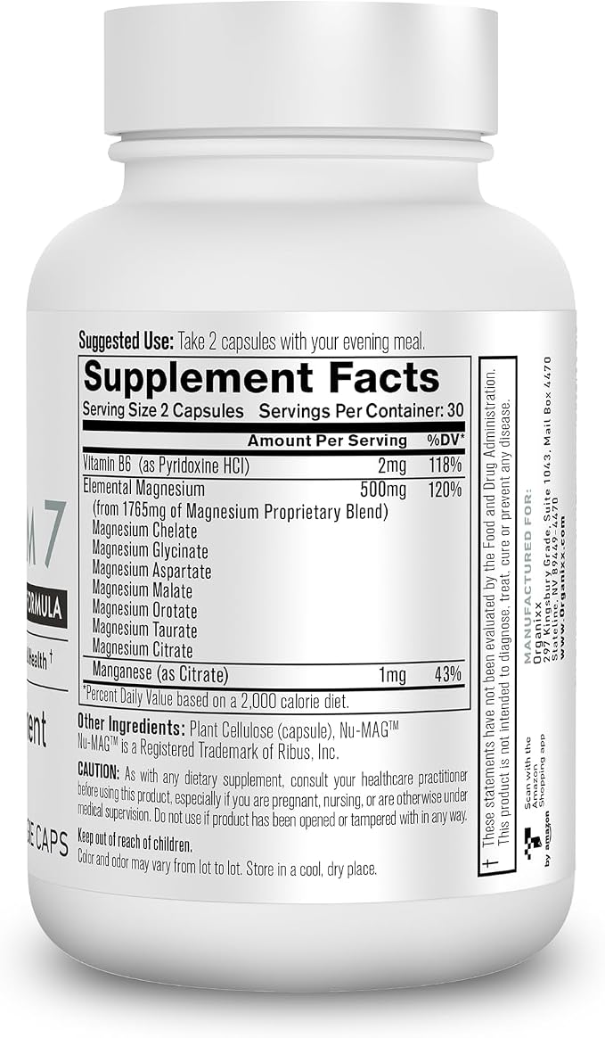 Organixx Magnesium Glycinate Supplement for Support Sleep, Muscle & Heart Health, 7 Type Magnesium Complex with Vitamin B6, Manganese Citrate, Gluten Free, Vegan, Non GMO, High Absorption, 60 Capsules