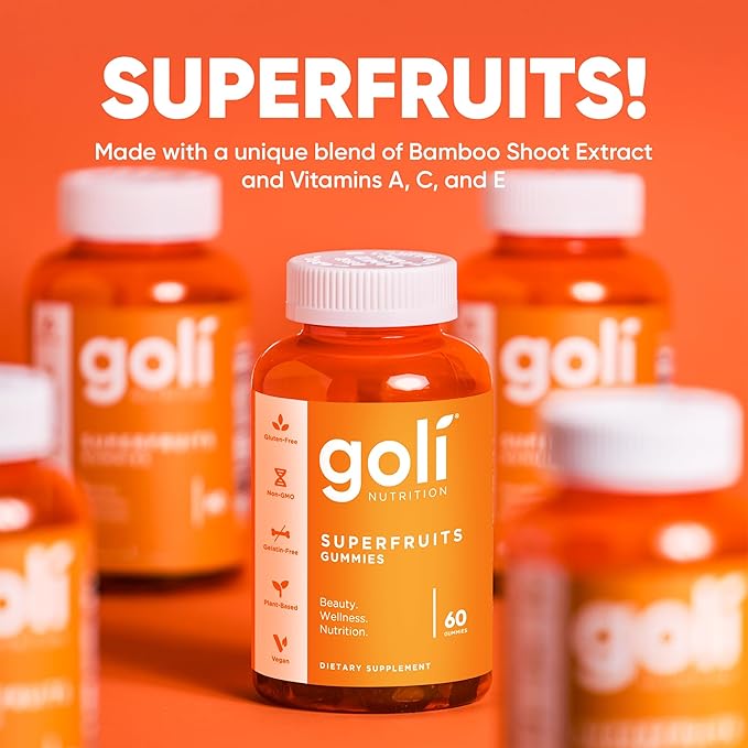 Goli Superfruits Beauty Gummies with Bamboo Silica - Vitamins A, C, E, Zinc - Collagen Support with Superfruit Blend - Vegan, Non-GMO, Gluten-Free, 180 Count (3 Pack)