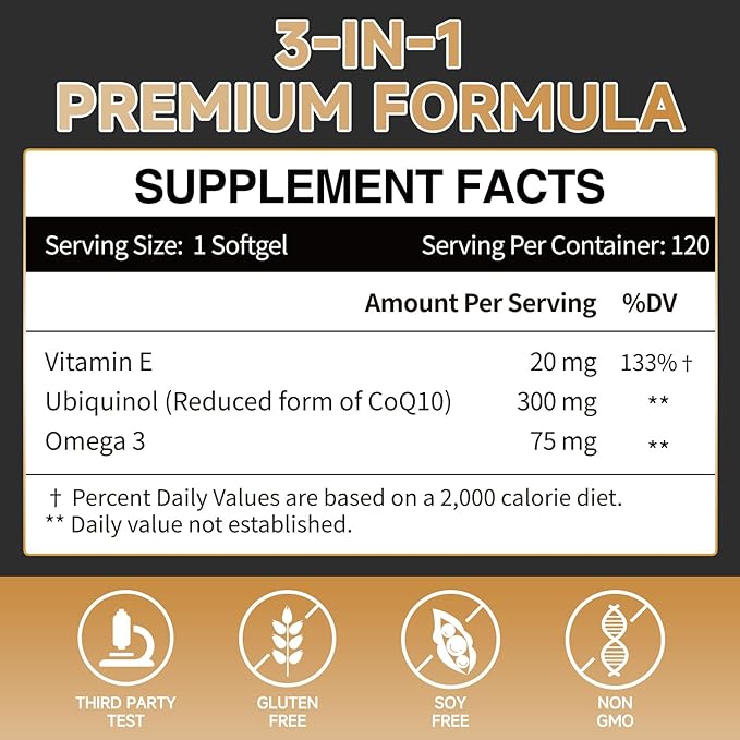 Ubiquinol CoQ10-300mg-Softgels with Vitamin E & Omega 3, Coenzyme Q10 Supplement High Absorption Support Heart Health & Energy-Production, Powerful-Antioxidant 120 Servings 4 Month Supply