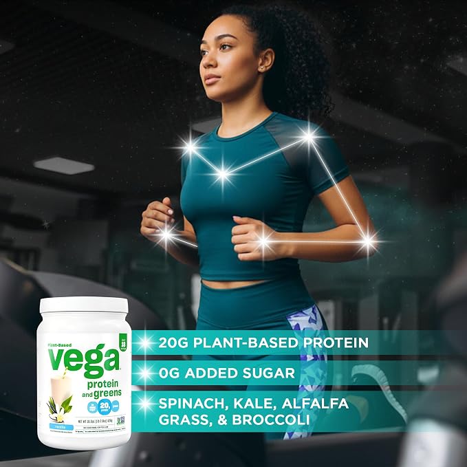 Vega Premium Protein + Supergreens, Vanilla – 20g Vegan Protein, Dairy & Gluten Free, 19.2 oz (18 Servings)