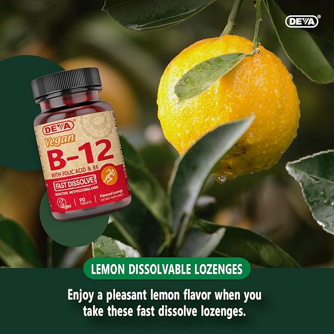 DEVA Vegan Vitamin B12 Fast Dissolve Supplement - Once-Per-Day Complex with 1000 Mcg Methylcobalamin B12, Folic Acid, B6 - Lemon Flavor - 90 Dissolvable Tablets,