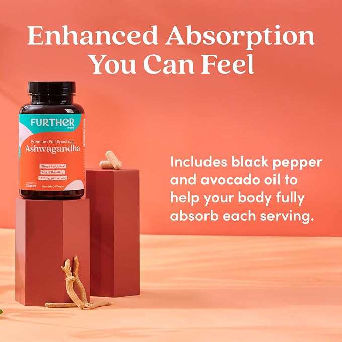 Further Food Organic Ashwagandha Root 1325mg with Black Pepper & Avocado Oil for Mood Boost, Ultra Absorption, Non-GMO, Gluten Free