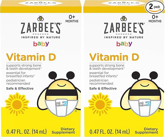 Zarbee's Vitamin D Drops for Infants,400IU (10mcg) Baby & Toddler Liquid Supplement,Newborn & Up,Dropper Syringe Included,0.47 Fl Oz,(Pack of 2)