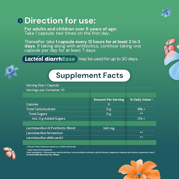 Lactéol DiarrhEase- a Safe, Drug Free and Clinically Tested Postbiotic Strain that Helps Soothes Occasional Digestive Upset and Shortens the Duration of Occasional Diarrhea, 10 Count