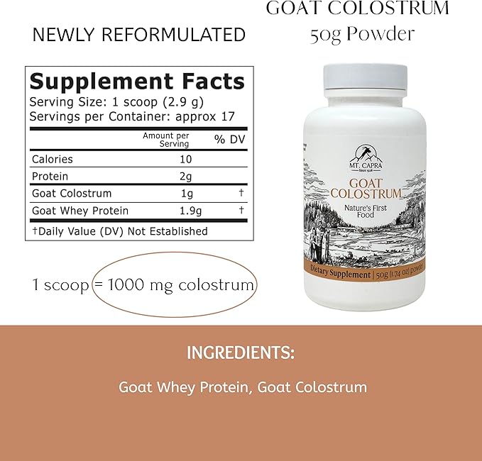 Mt. Capra Goat Colostrum | for Healthy Immune System, Gut, and Athletic Performance | Grass-Fed, High in Immunoglobulins | 17 Servings - 50 Grams