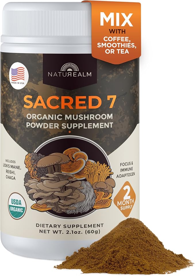 Sacred 7 Mushroom Powder Supplement, 7-in-1 Blend (60 Day Supply) | Immune Defense, Focus & Energy Support | Coffee Enhancer | Lion’s Mane, Reishi, Chaga | Organic 100% Fruiting Body Extract
