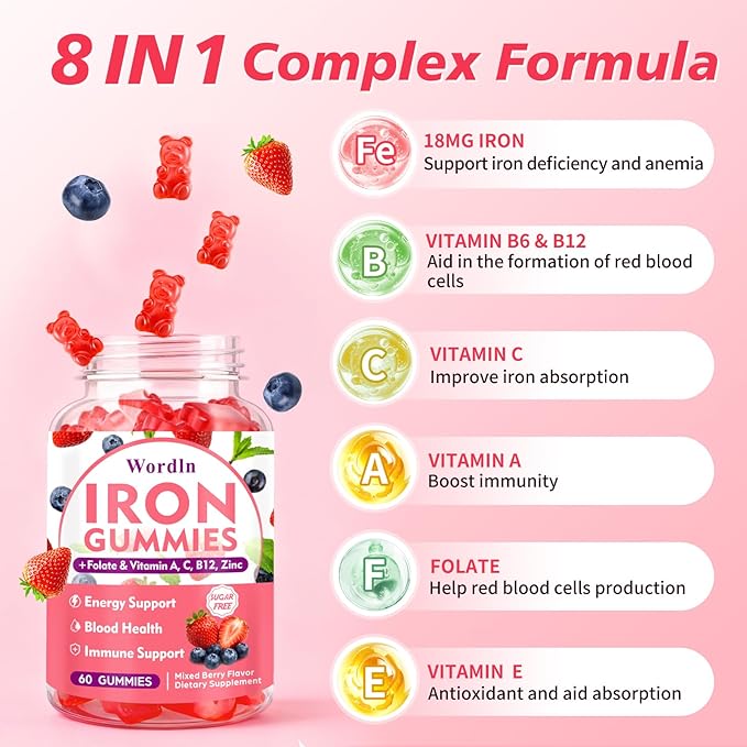 Iron Gummies for Women, Men & Kids, Vegan Iron Supplement with Vitamin C, B12, Folate for Energy Support & Immune Health, Sugar Free, 60 Gummies (Pack of 2)
