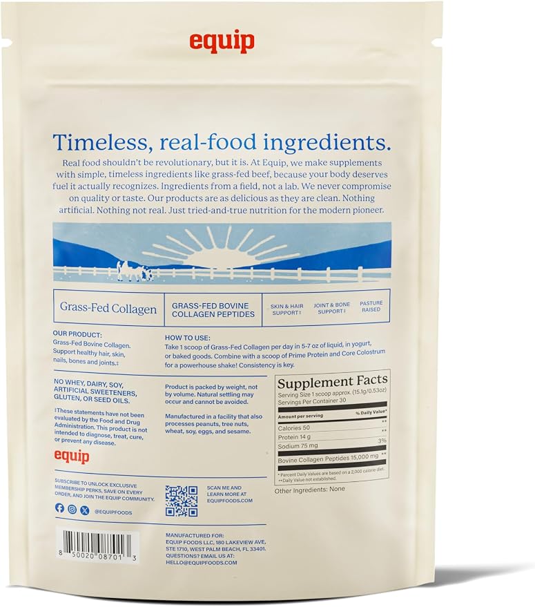 Equip Foods Grass Fed Collagen Powder | Hydrolyzed Bovine Collagen Peptides with Amino Acids | Prime Beef Collagen for Healthy Joints, Skin & Nails | Non-GMO, Paleo Friendly | 30 Servings, Unflavored