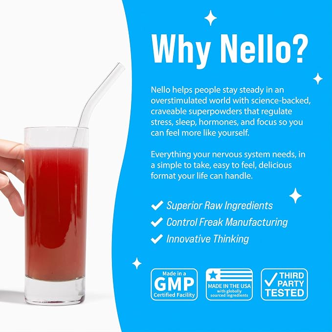 Nello Supercalm Powdered Drink Mix, Cortisol Reducer* and Sleep Aid Supplement, L Theanine, Ksm-66 Ashwagandha, Magnesium Glycinate, Vitamin D 3, No Sugar, Non GMO, On The Go, 20 Ct, Cherry Limeade