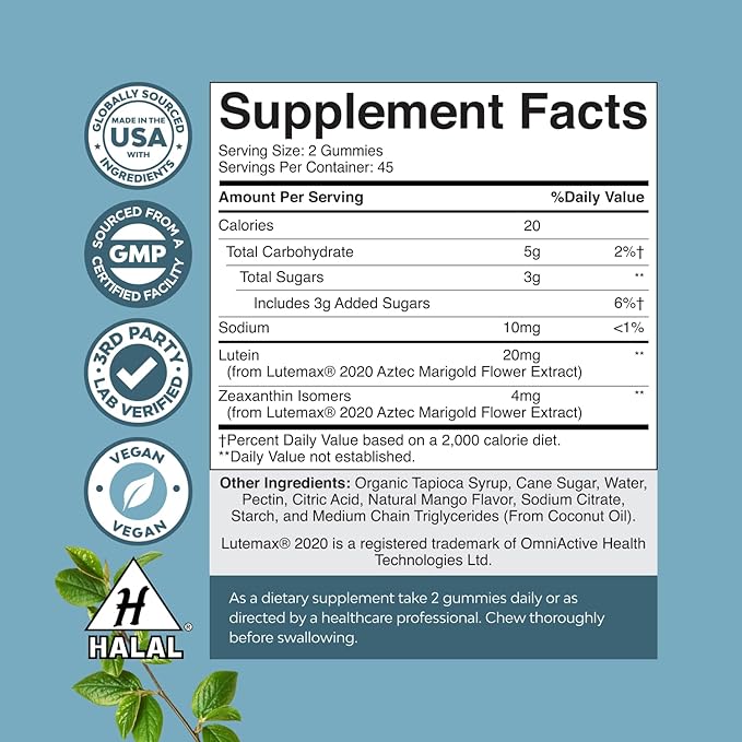 Zeaxanthin Plus Lutein Gummies for Adults - Potent Eye Vitamins for Vision and Blue Light Protection - Daily Gummy Lutein Eye Health Supplements for Adults Dry Eyes and Eye Strain Support - 90 Count