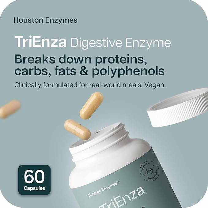 Houston Enzymes TriEnza - Digestive Enzyme Supplement for Gluten, Casein, Soy, Proteins, Carbohydrates, Fats & Polyphenols - Digestive Enzymes for Women & Men (60 Capsules)