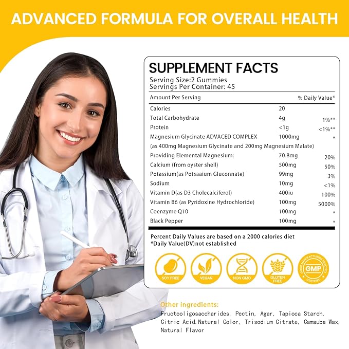 Magnesium Glycinate Gummies 1000mg, High Absorption Sugar Free Magnesium Potassium Supplement for Relaxation, Stress Relief, and Sleep Support for Adults & Kids - 180 Mango Pineapple Gummies