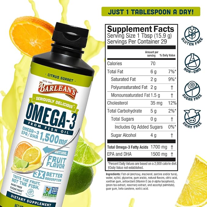 Barlean's Omega 3 Fish Oil Liquid Supplement for Men and Women, 1500mg of EPA and DHA Fatty Acid, Promotes Brain & Heart Health - Non-GMO, Citrus Sorbet, 16 oz