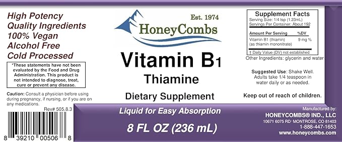 HoneyCombs B1 Supplement (Thiamine) Liquid Drops - High Potency Thiamine B1 Supplement for Men & Women - Maintain Nervous System, Energy & Overall Health - Vegan Liquid B Vitamins (16 Fl oz)