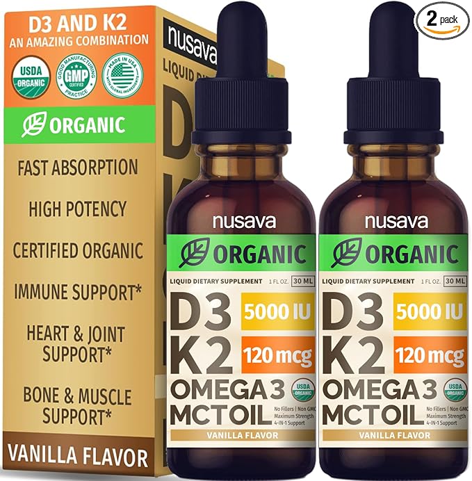 (2 Pack) Organic Vitamin D3 K2 Drops with MCT Oil Omega 3, 5000 IU - Maximum Strength Vitamin D Liquid, No Fillers, Non-GMO Liquid D3 for Faster Absorption and Immune Support (Vanilla, 1 Fl OZ x 2)