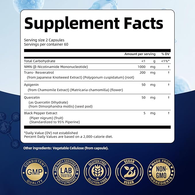 NMN Supplement 1000mg – NMNH Alternative 5-in-1 NAD Supplement w/Resveratrol, Apigenin, Quercetin & Black Pepper – Supports Cellular Energy, Healthy Aging & Longevity – 120 Veggie Capsules