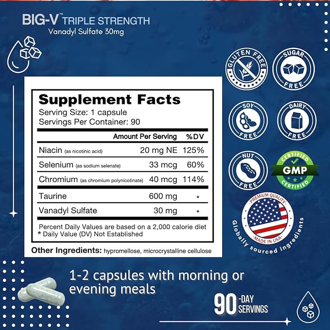 Bricker Labs Big-V Triple Strength Vanadyl Supplement: Vanadyl Sulfate 30 mg, Taurine 600 mg, Selenium, Chromium and Niacin, Blended Mineral Supplement Capsules 90 ct