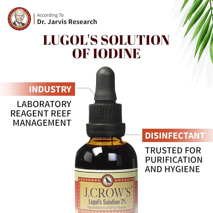 J.CROW'S® Lugol's Iodine 2% Solution, Iodine & Potassium Iodide 2 oz (2 Bottles) - Liquid Supplement Drops - Non-GMO, Alcohol-Free - 1200 Drops