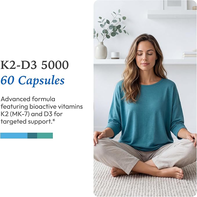 XYMOGEN K2-D3 5000 - Vitamin D3 K2 Supplement for Immune, Bone & Cardiovascular Support* - Non-GMO, Gluten Free, Vegetarian - 60 Capsules