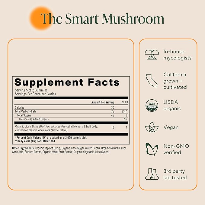OM MUSHROOM SUPERFOOD Lion’s Mane Mushroom Gummies – USA Grown Organic Lion’s Mane – Supports Memory, Focus & Cognitive Health – Strawberry Flavor – 30 Servings, 60 Count.