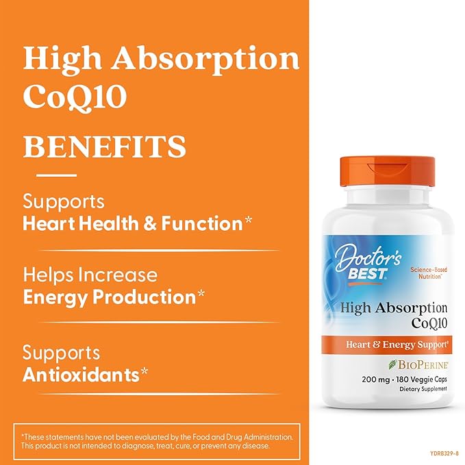 Doctor's Best High Absorption CoQ10 200mg with BioPerine Supplement - Coenzyme Q10 Caps for Heart Health & Antioxidant Support, CoQ10 200 mg for Women & Men, Non GMO - 180 Veg Capsules