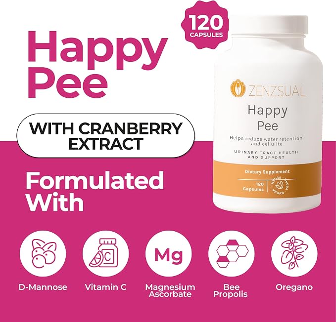 ZENZSUAL Happy Pee, 120 Capsules – Urinary Tract Support & Bladder Health Supplement with Cranberry, D-Mannose, Vitamin C and Oregano for Women and Men – Healthy Flow, Comfort & Fluid Balance