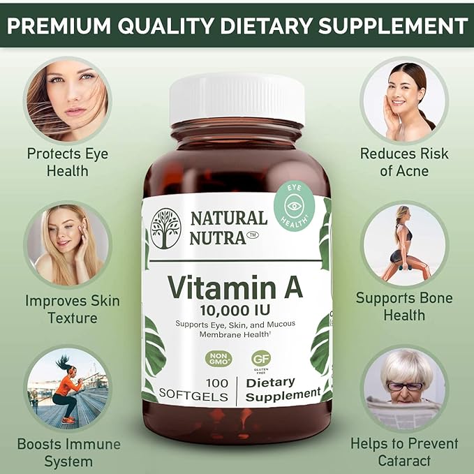 Natural Nutra Vitamin A 10,000 IU Softgels – High Potency Eye and Skin Vitamins – Gluten-Free - Supplement for Sight & Skin Health – Fish Liver Oil for Men and Women, Gluten Free 100 Softgels (3 Pack)