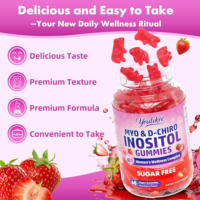 2 Pack Myo-Inositol & D-Chiro Inositol Gummies for Women, 120 Count | Ideal 40:1 Ratio with Vitamin D3, Folate, Magnesium and Zinc - Support Female Health & Wellness, Strawberry Flavor