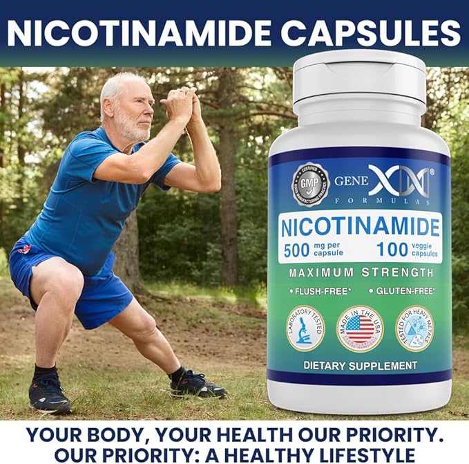 Genex Formulas Nicotinamide 500mg (3-Pack) Vitamin B3 Flush Free Niacin Capsules for Healthy Skin - Niacinamide Supplement Pills help Produce Keratin & Support Skin Cell Health & Energy (300 Capsules)