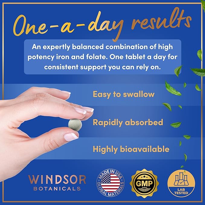 Iron and Folic Acid Supplements for Women - 35mg Gentle Iron Vitamin, Folic Acid 400mcg - Anemia, Period, Pregnancy Support Supplement, Ferrous Sulfate Pills - 60 Vegan Non-Constipating Tablets