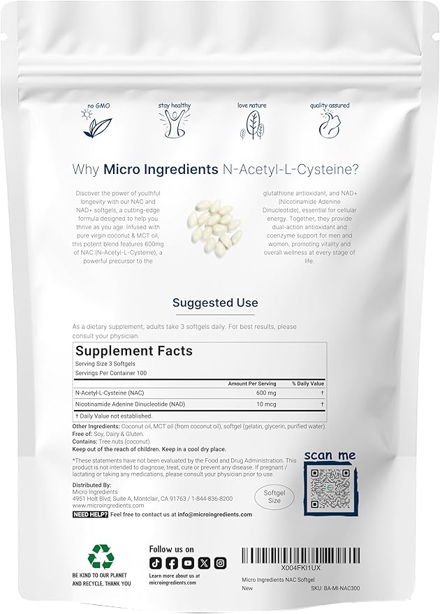 Micro Ingredients NAC Supplement 600mg with NAD+ & Coconut Oil, 300 Softgels | 2-in-1 N Acetyl L Cysteine Plus Nicotinamide Forms | NAD Supplements for Women & Men | Non-GMO, Gluten Free