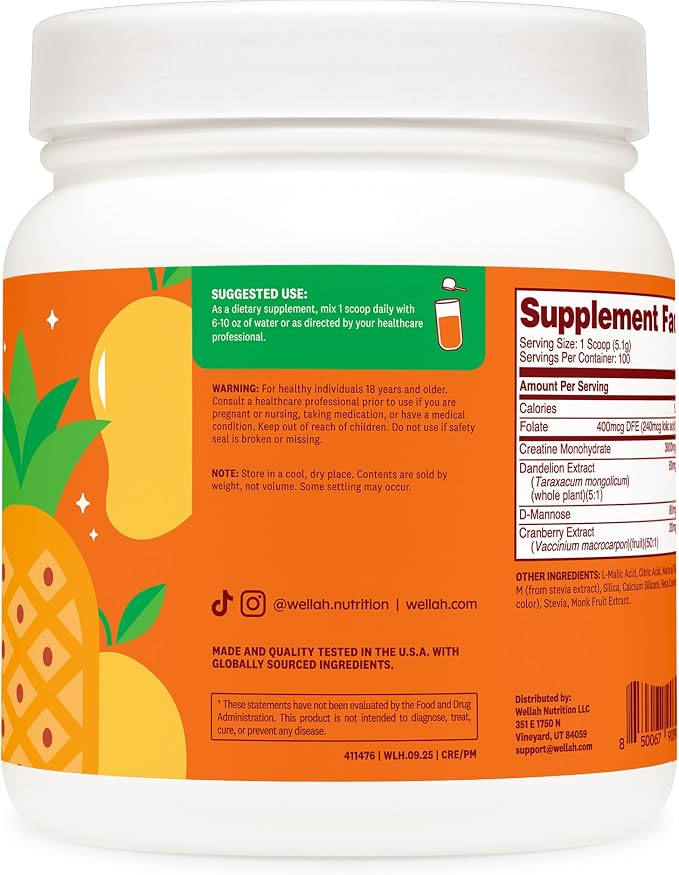 Wellah Creatine for Women - Creatine Monohydrate with Dandelion & Cranberry Extract (100 Servings, Pineapple Mango)