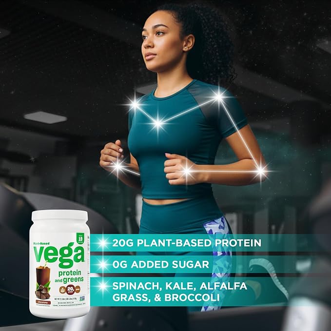 Vega Premium Protein + Supergreens, Chocolate – 20g Vegan Protein, Dairy & Gluten Free, 22.4 oz (19 Servings)