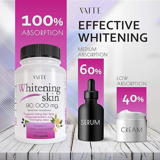 VAITE Glutathione Whitening Pills - Dark Spots & Acne Scar Remover - 90000mg - Vegan Skin Bleaching Pills with Anti-Aging & Antioxidant Effect - 120 Capsules (2 Pack)