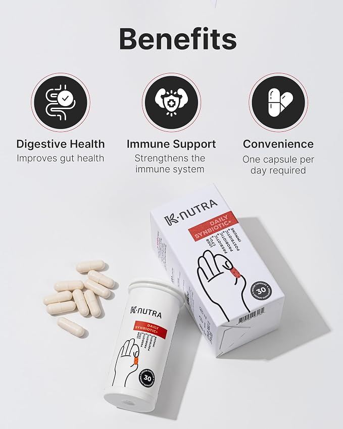 K-Nutra Daily Synbiotic+ | 30 Capsules | 4-in-1 Prebiotics, Probiotics & Postbiotics | 100 Billion CFUs | Gut & Digestive Health Supplement for Women & Men