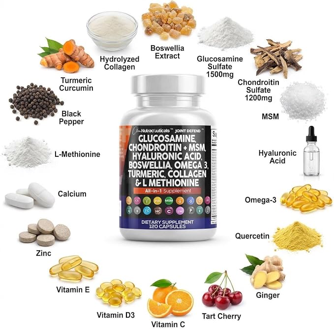 Clean Nutraceuticals Glucosamine 1500mg Chondroitin 1200mg MSM with Turmeric Curcumin, Collagen, Hyaluronic Acid, Omega 3 – Joint Health Supplement for Men & Women – Joint Complex – 120 Count