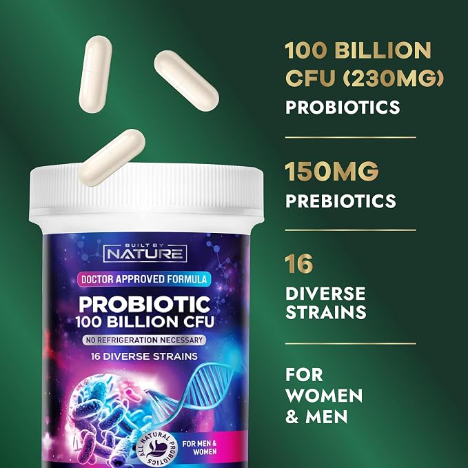 Built by Nature 100 Billion CFU Probiotic – 16 Strains + Prebiotics – Immune & Digestive Support – for Women & Men – Delayed Release Capsules, Shelf Stable – 1 Month Supply - 30 Capsules