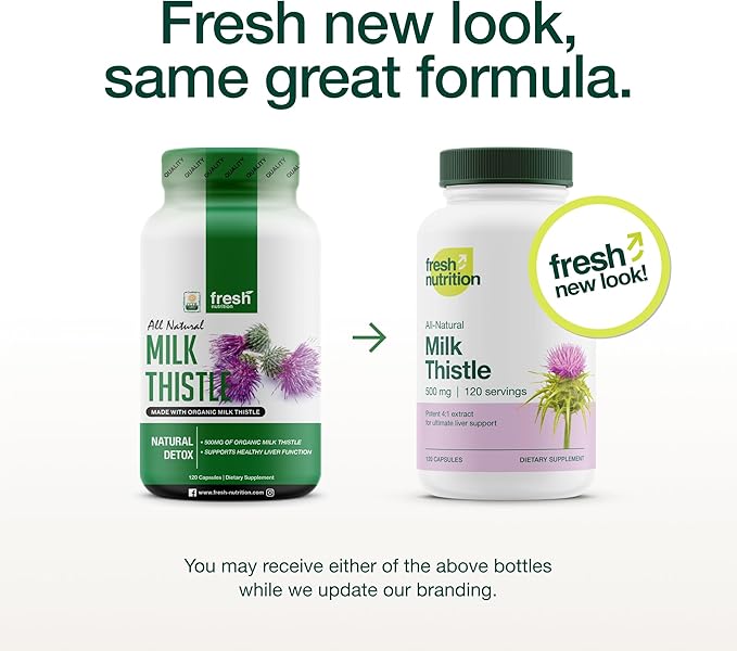 Fresh Nutrition Organic Milk Thistle Supplement - Potent Strength – 4 Month Supply – Silymarin Thistle Seed Standardized Extract 4:1 - Made in The USA - 120 Capsules