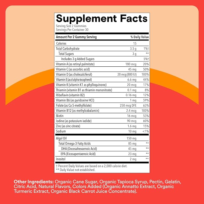 SmartyPants Kids Multivitamin Gummies, Omega 3 (DHA/EPA), Vitamins D3, C, B12, B6, Vitamin A, K & Zinc, Gluten Free, Three Fruit Flavors, 80 Count (40 Day Supply)