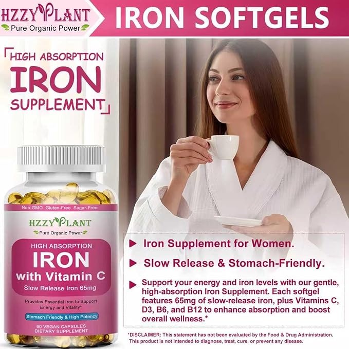 Iron Supplement for Women - High Absorption Iron Supplement with Vitamins C for Iron Level & Energy Support - Stomach Friendly Iron Softgels - Vegan | Non-GMO | Gluten Free | 60 Days Supply