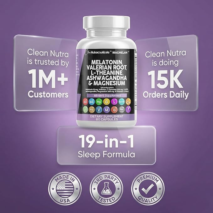 Clean Nutraceuticals Melatonin 10mg Valerian Root L Theanine 200mg Ashwagandha - Sleep Support for Women & Men with Magnesium Complex, Lemon Balm, Chamomile, & Passion Flower - 60 Caps
