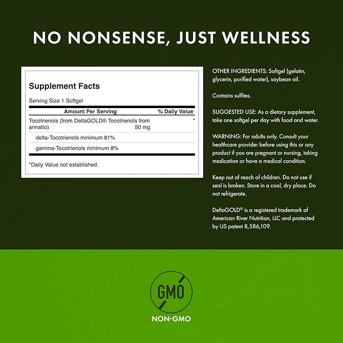 Swanson Deltagold Tocotrienols - Annatto & Vitamin E Tocotrienols - 99% Tocopherol Free (60 Softgels, 50mg Each)