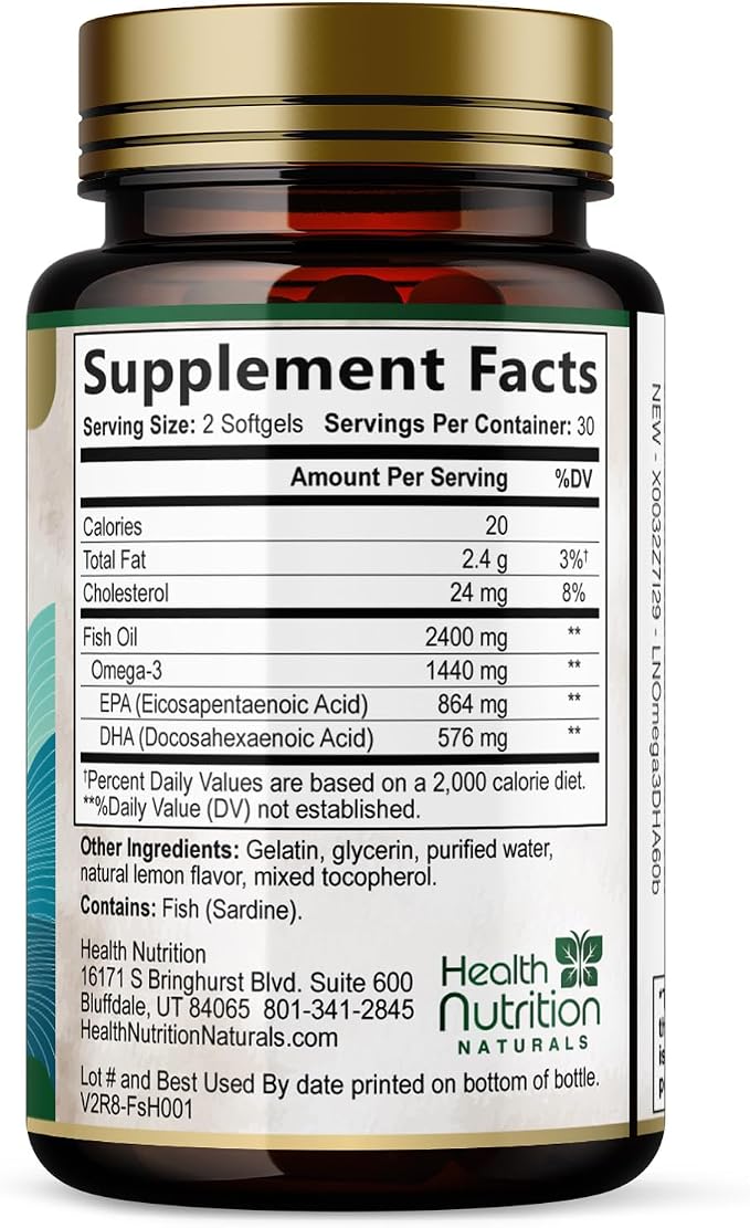 Omega 3 Fish Oil Supplements - 2400mg Fish Oil Per Serving - Triple Strength Omega-3 with EPA & DHA Fatty Acids - Natural Heart, Brain & Immune Support - Wild Caught, Bottled in USA - 60 Softgels