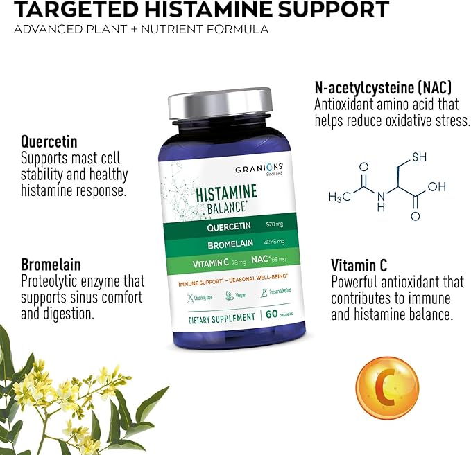 Granions Histamine Balance Complex - Quercetin with Bromelain, NAC and Vitamin C - D-Hist Seasonal Histamine Blocker & Immune Support Supplement for Adults and Children - 60 Vegan Capsules