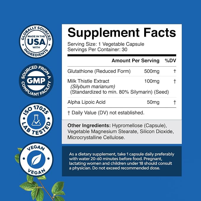 Reduced Glutathione Supplement with Milk Thistle - 500 mg per Serving Pure L Glutathione with Alpha Lipoic Acid & Milk Thistle Silymarin - 30 Count